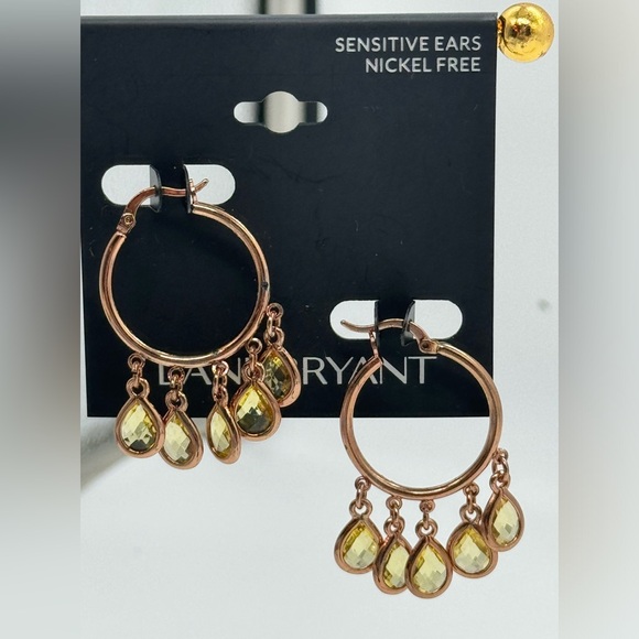 Lane Bryant Rose Gold Tone Hoop Statement Earrings with Yellow Crystal Dangles - Picture 3 of 6